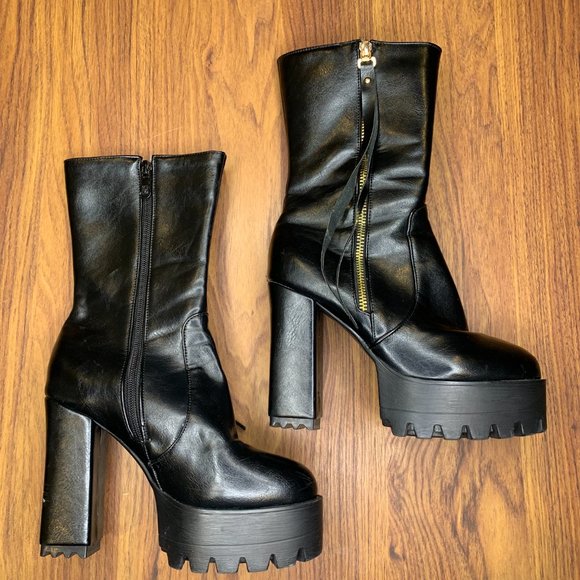 Shoes - High Black Faux Leather Heels, Size 7